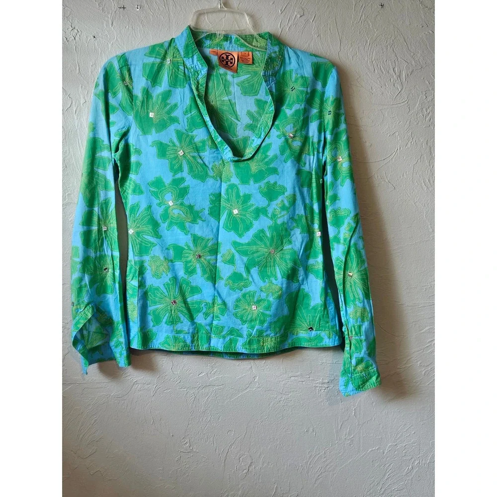 Tory Burch Blue Green Floral Long Sleeve V Neck Blouse‎ Shirt Women's Size 2